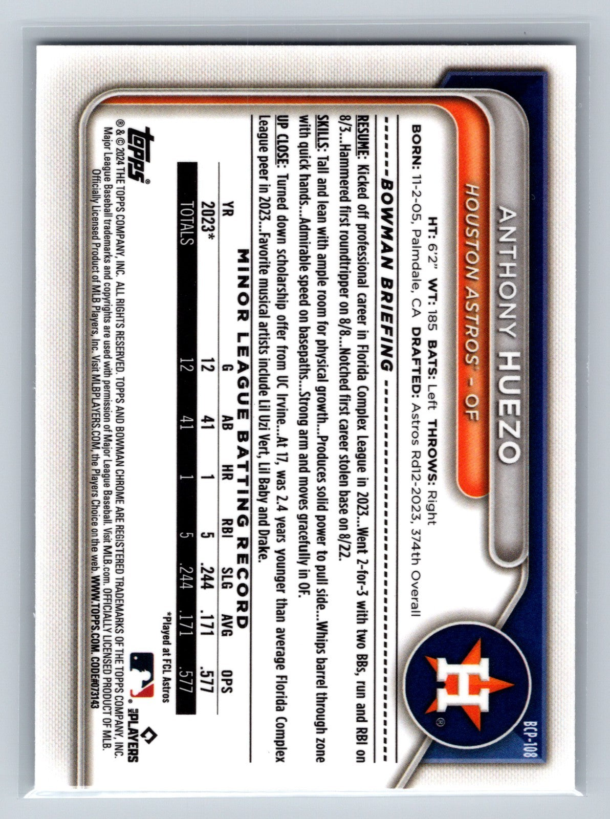 Anthony Huezo 2024 Bowman Chrome 1st Mini Diamond Refractor #BCP-108 Astros