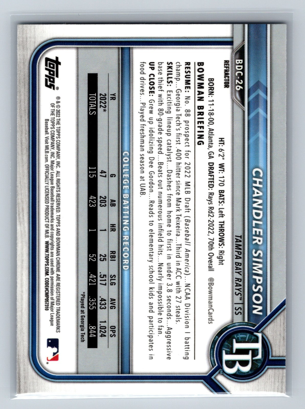 Chandler Simpson 2022 Bowman Draft Chrome 1st Refractor #BDC-26 Rays