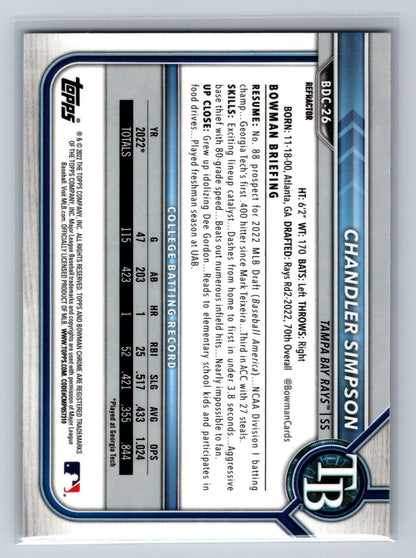 Chandler Simpson 2022 Bowman Draft Chrome 1st Refractor #BDC-26 Rays