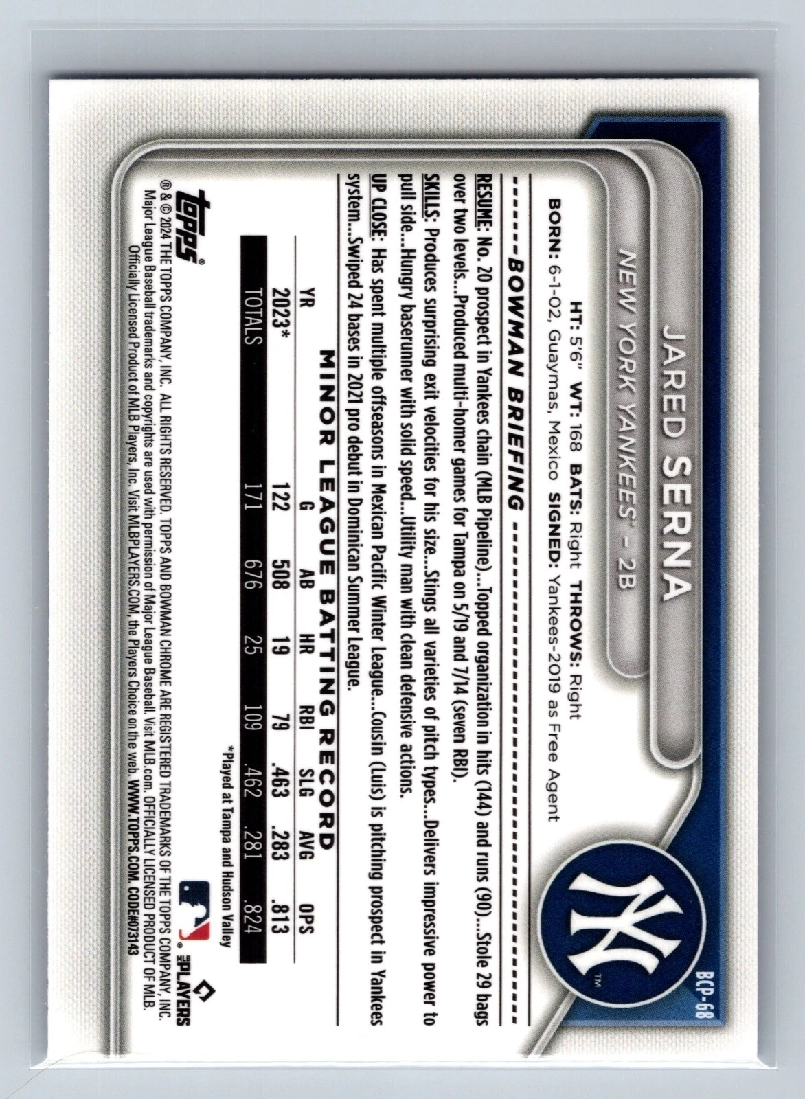 Jared Serna 2024 Bowman Chrome 1st Blue Shimmer Refractor /150 #BCP-68 Yankees