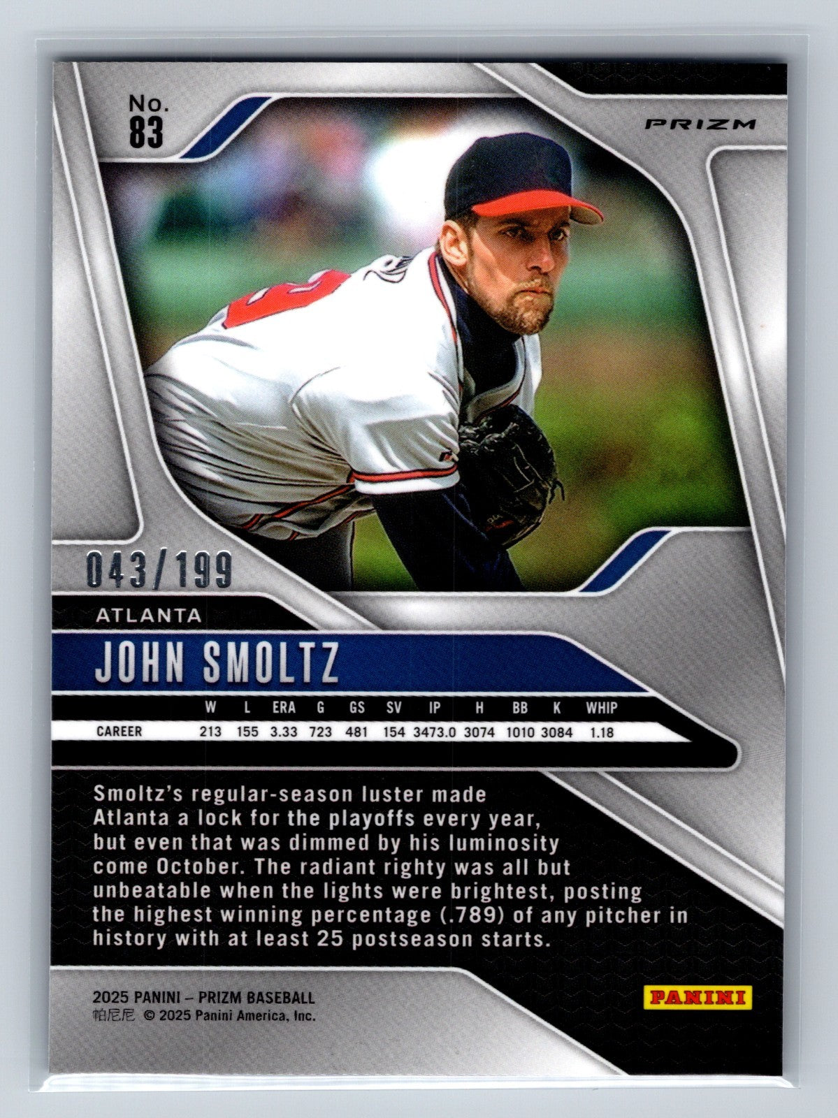John Smoltz 2025 Panini Prizm Blue Prizm /199 #83 Braves