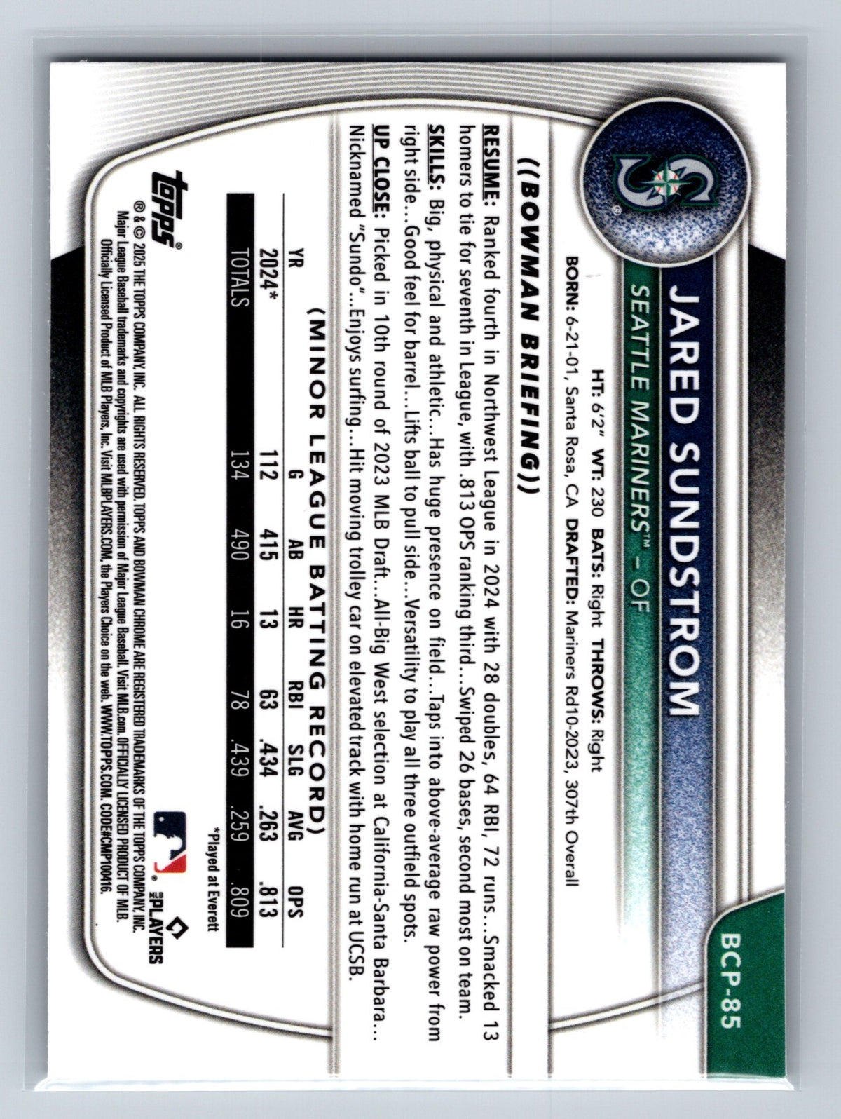 Jared Sundstrom 2025 Bowman Chrome 1st Reptilian Refractor #BCP-85 Mariners