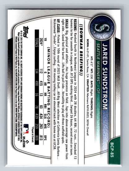 Jared Sundstrom 2025 Bowman Chrome 1st Reptilian Refractor #BCP-85 Mariners