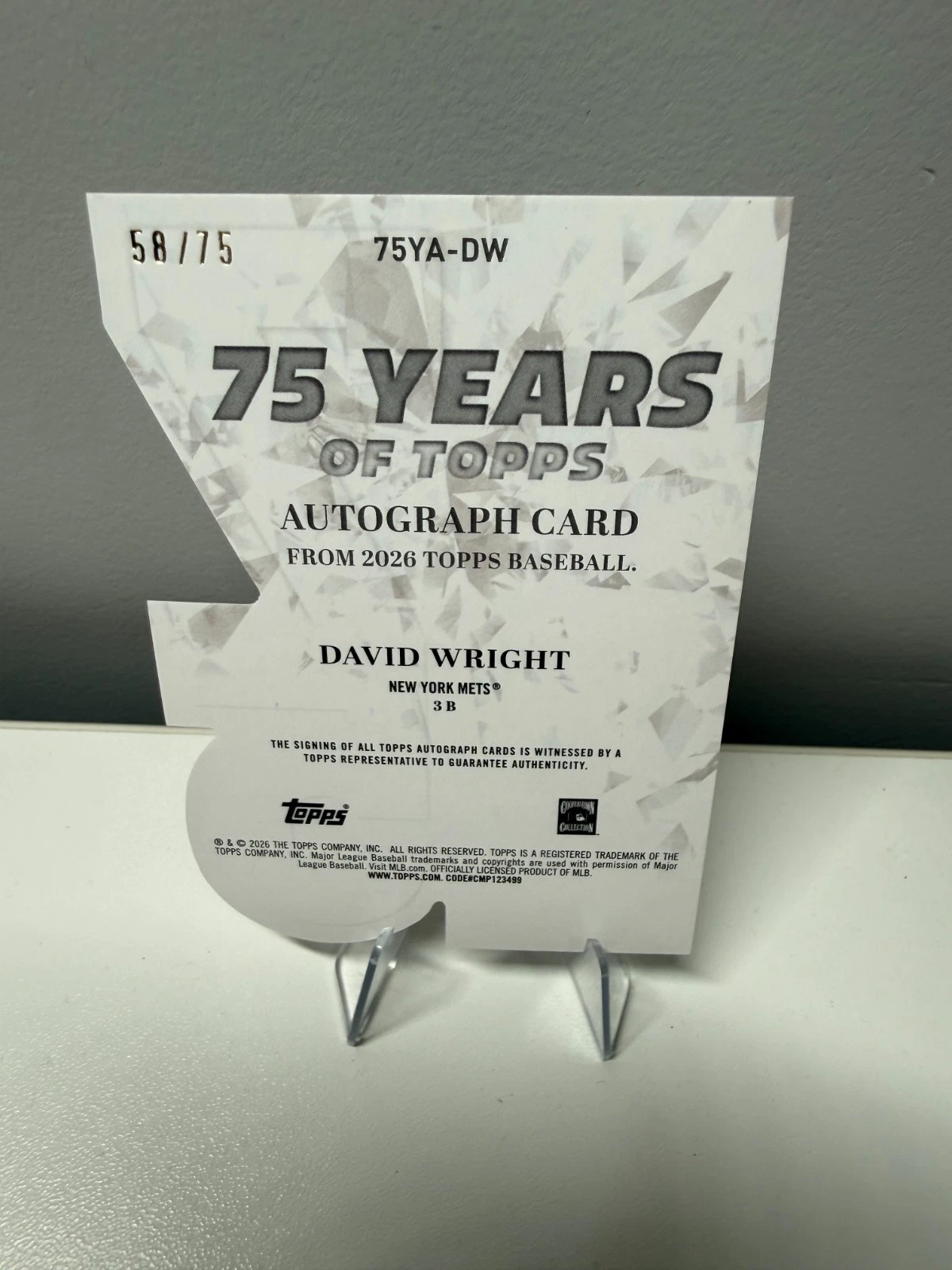 David Wright 2026 Topps Series 1 75 Years of Topps Die Cut Auto /75 #75YA-DW
