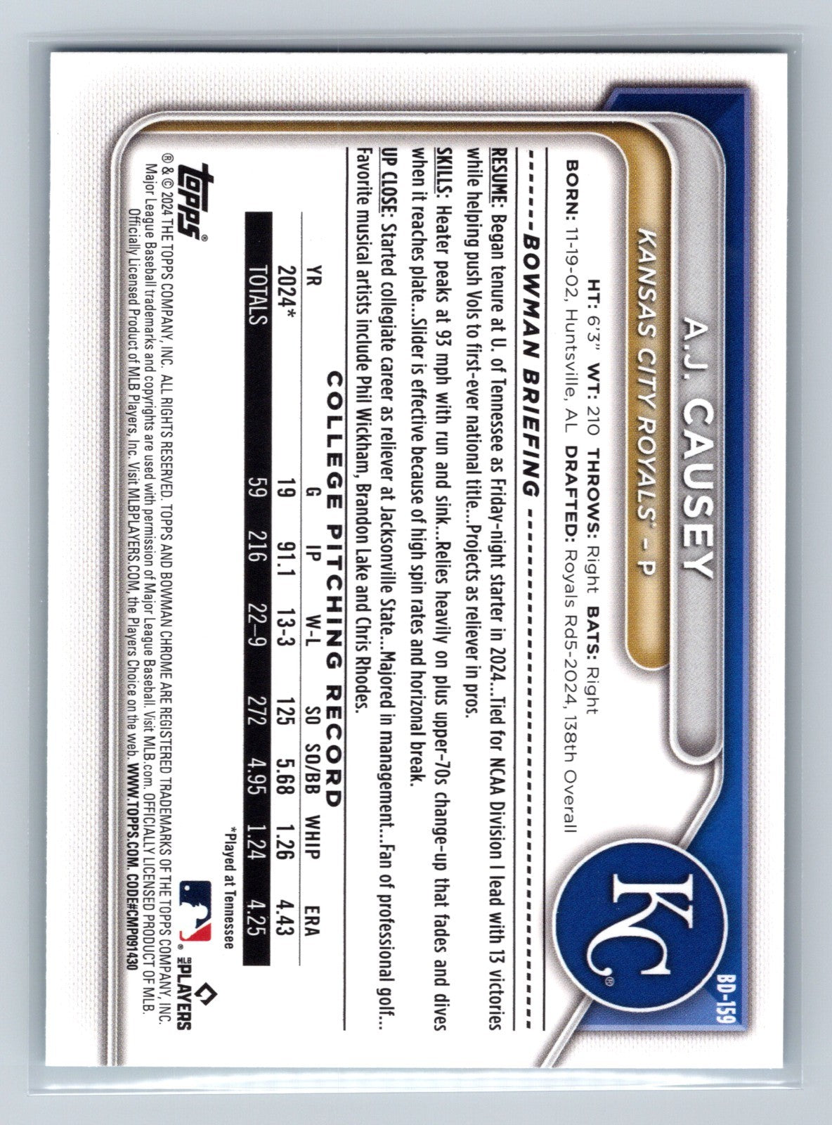 A.J. Causey 2024 Bowman Draft 1st Paper Sky Blue /499 #BD-159 Royals