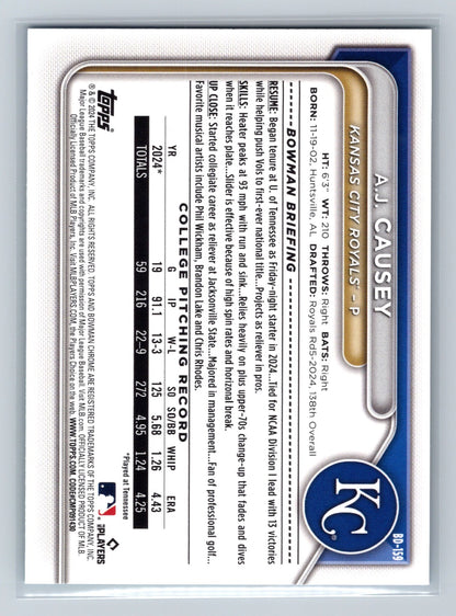 A.J. Causey 2024 Bowman Draft 1st Paper Sky Blue /499 #BD-159 Royals