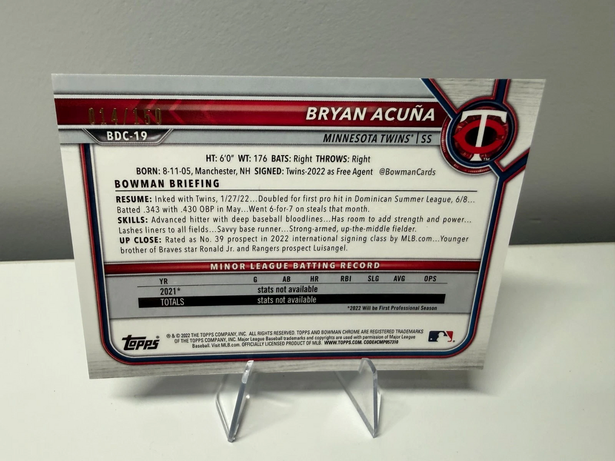 Bryan Acuna 2022 Bowman Draft Chrome Blue Refractor /150 #BDC-19 Twins