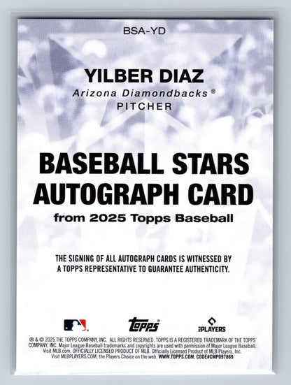 Yilber Diaz 2025 Topps Series 1 Baseball Stars Auto RC #BSA-YD Diamondbacks