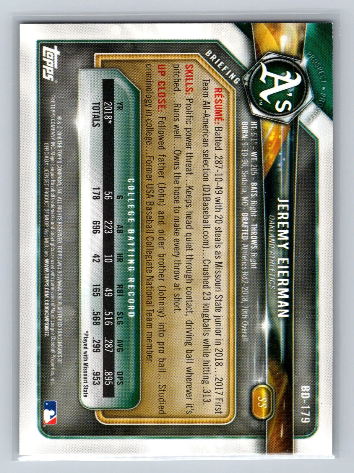Jeremy Eierman 2018 Bowman Draft 1st Gold /50 #BD-179 Athletics