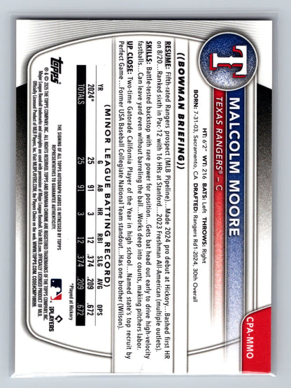 Malcolm Moore 2025 Bowman Chrome 1st Orange Refractor Auto /25 #CPA-MMO Rangers