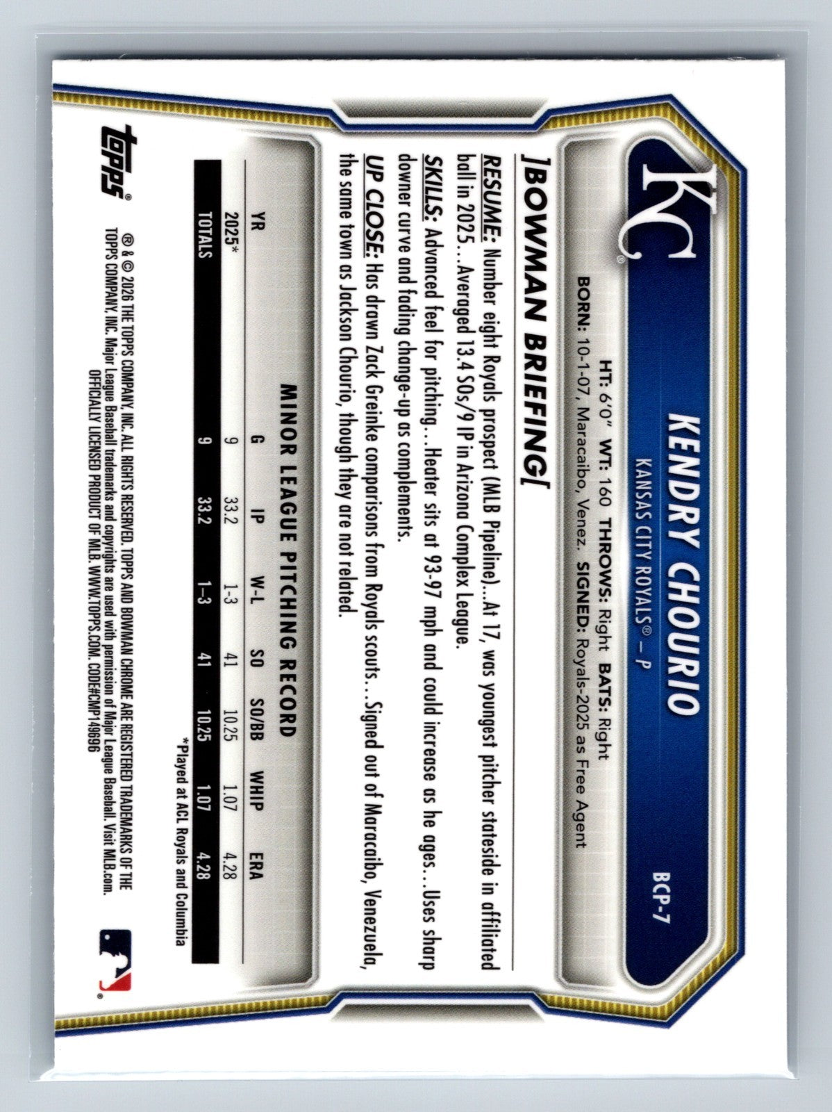 Kendry Chourio 2026 Bowman Chrome 1st Sky Blue Mojo Refractor /499 #BCP-7 Royals