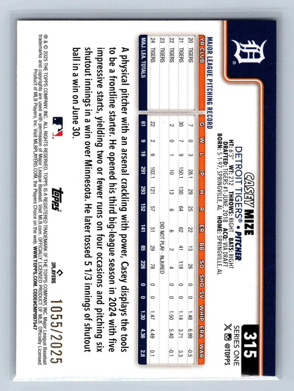 Casey Mize 2025 Topps Series 1 Gold /2025 #315 Tigers