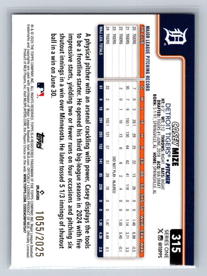 Casey Mize 2025 Topps Series 1 Gold /2025 #315 Tigers