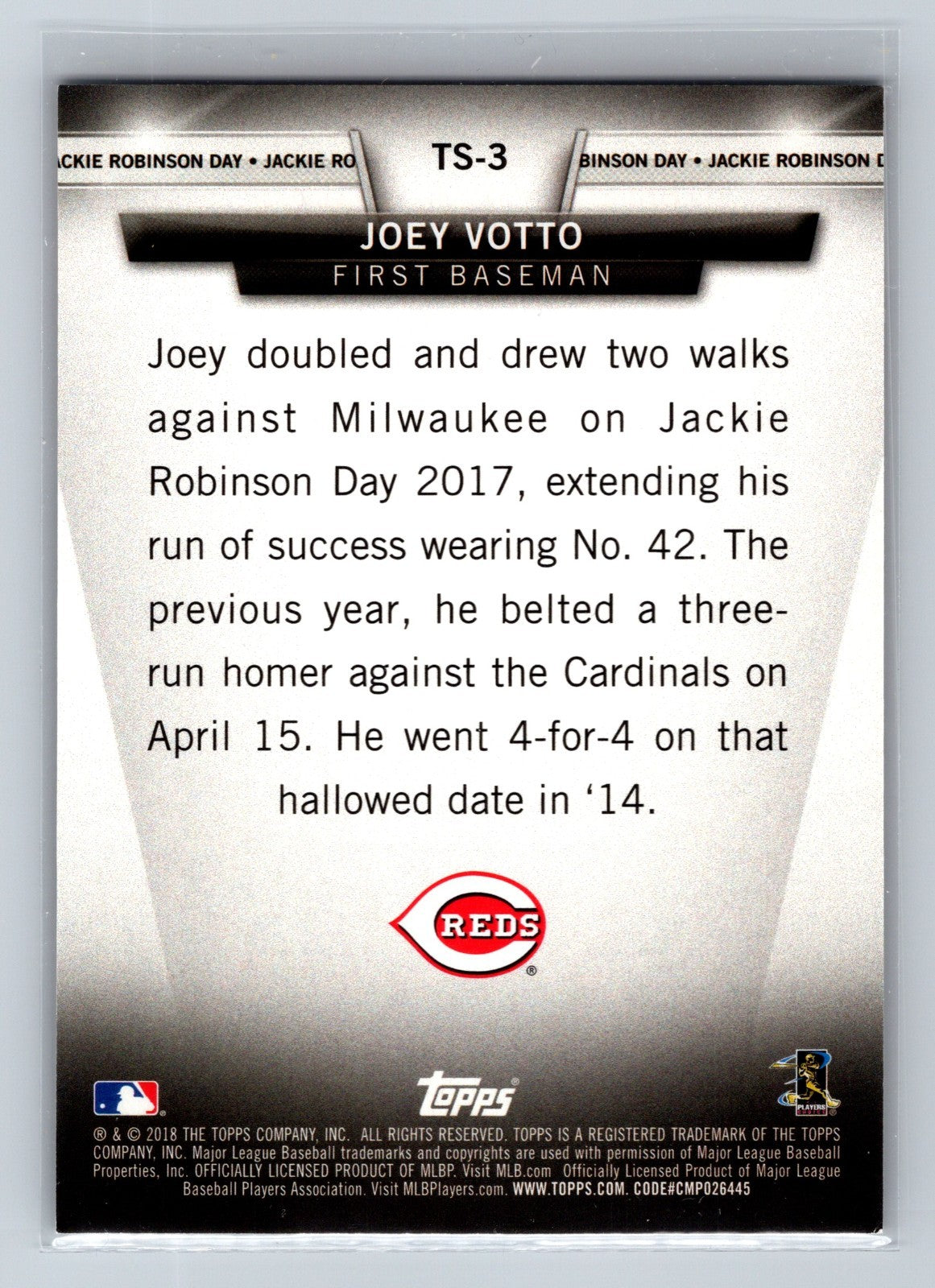 Joey Votto 2018 Topps Salute Jackie Robinson Day Black /299 #TS-3 Reds