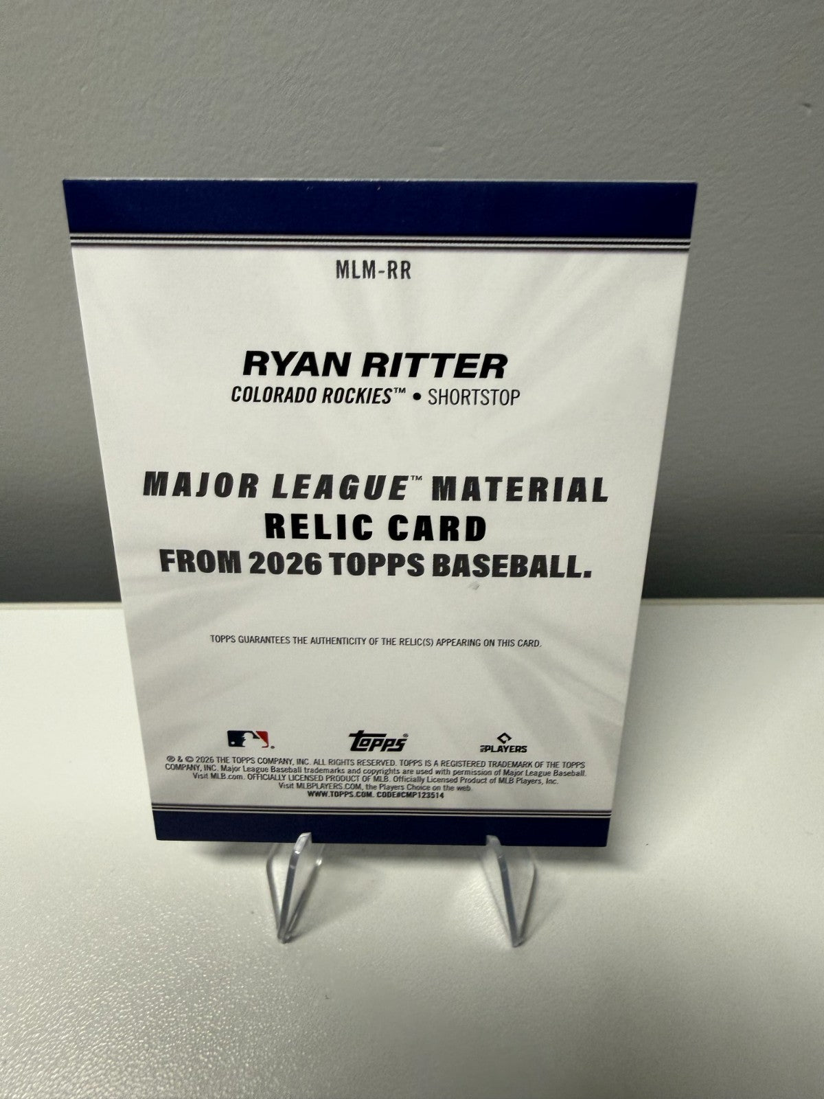 Ryan Ritter 2026 Topps Major League Material Relic RC #MLM-RR Rockies