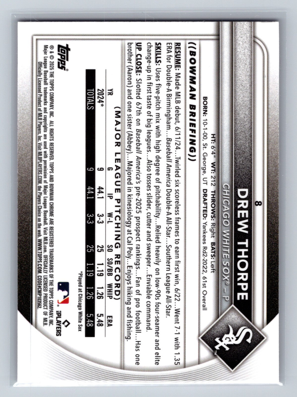 Drew Thorpe 2025 Bowman Chrome Pink Mojo Refractor RC /199 #8 White Sox