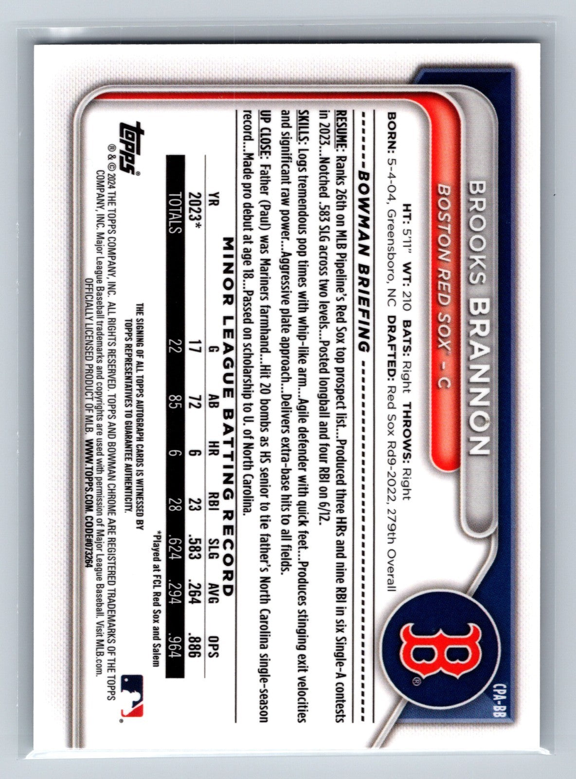 Brooks Brannon 2024 Bowman Chrome Prospects Auto #CPA-BB Red Sox