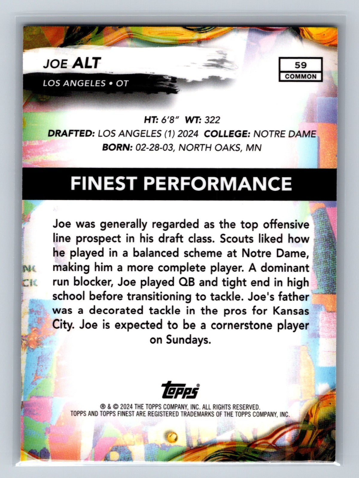 Joe Alt 2024 Topps Finest Common Blue Checkerboard Refractor RC /99 #59 Angeles