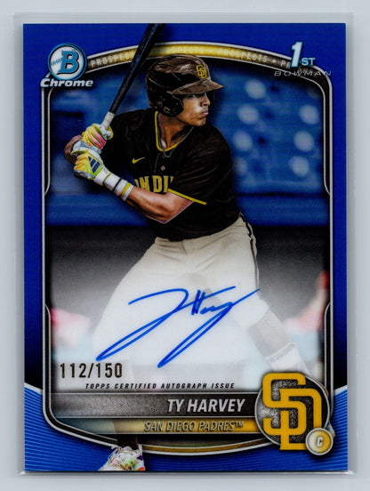 TY Harvey 2025 Bowman Draft Chrome 1st Blue Refractor Auto /150 #CPA-TH Padres