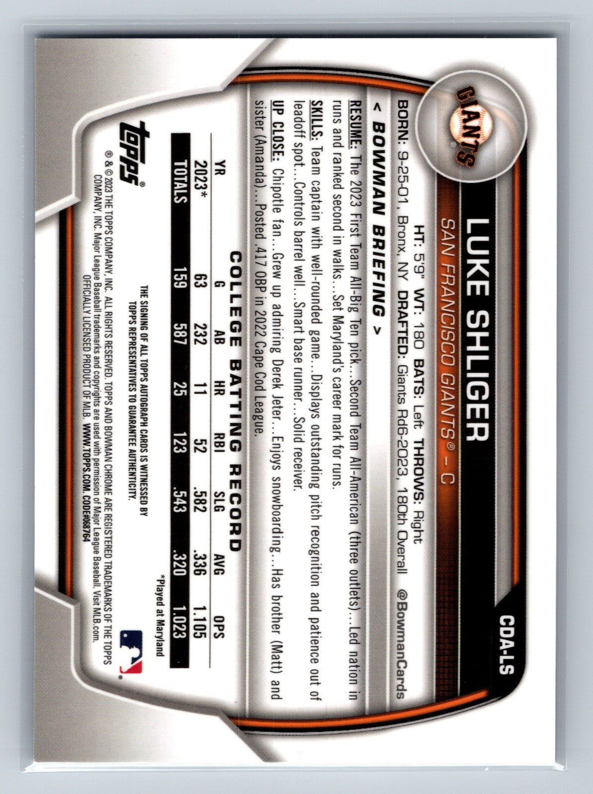Luke Shliger 2023 Bowman Draft Chrome 1st Auto #CDA-LS Giants