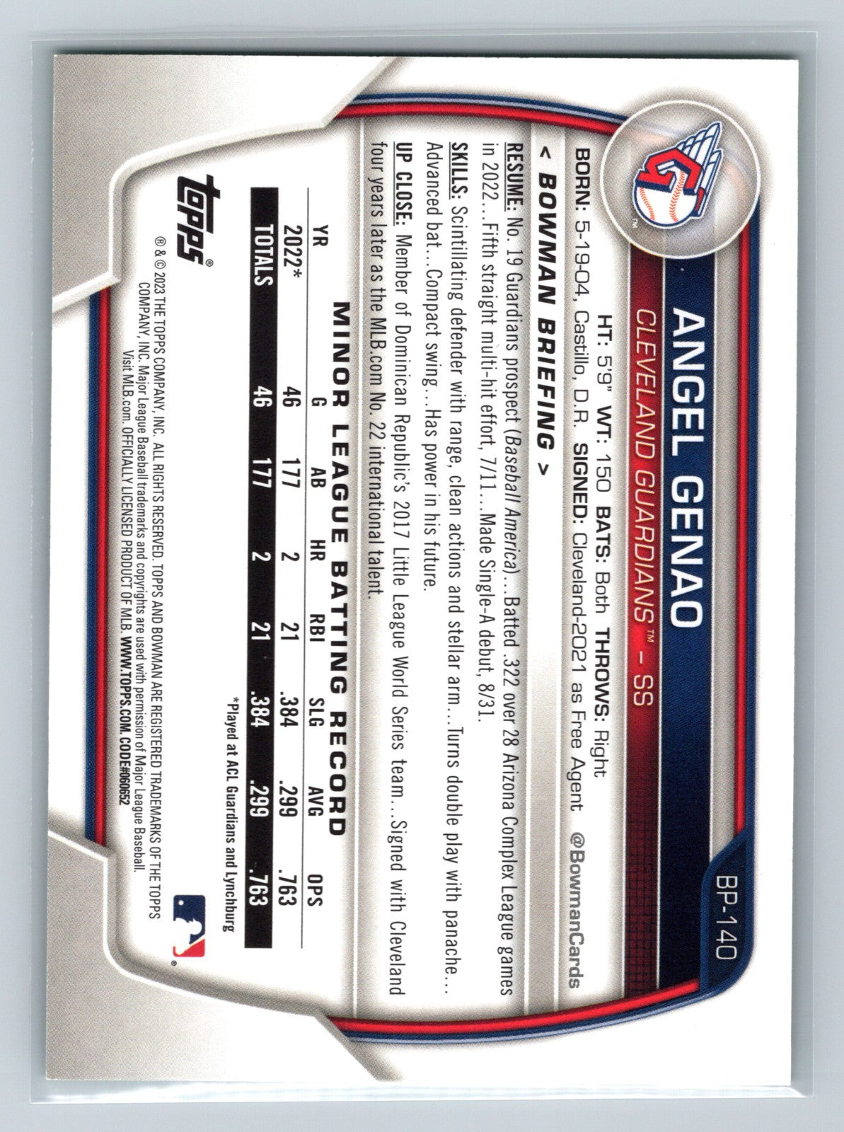Angel Genao 2023 Bowman 1st Paper Neon Green /399 #BP-140 Guardians