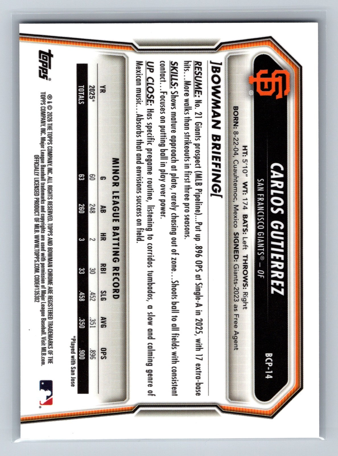Carlos Gutierrez 2026 Bowman Chrome 1st Reptilian Refractor #BCP-14 Giants