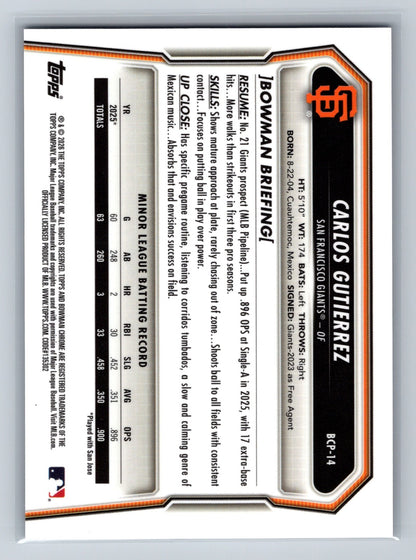 Carlos Gutierrez 2026 Bowman Chrome 1st Reptilian Refractor #BCP-14 Giants