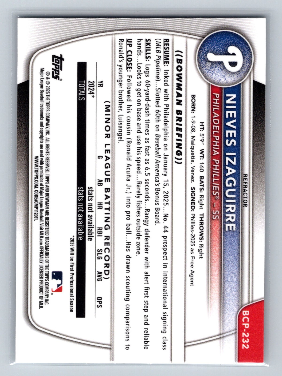 Nieves Izaguirre 2025 Bowman Chrome 1st Refractor /499 #BCP-232 Phillies