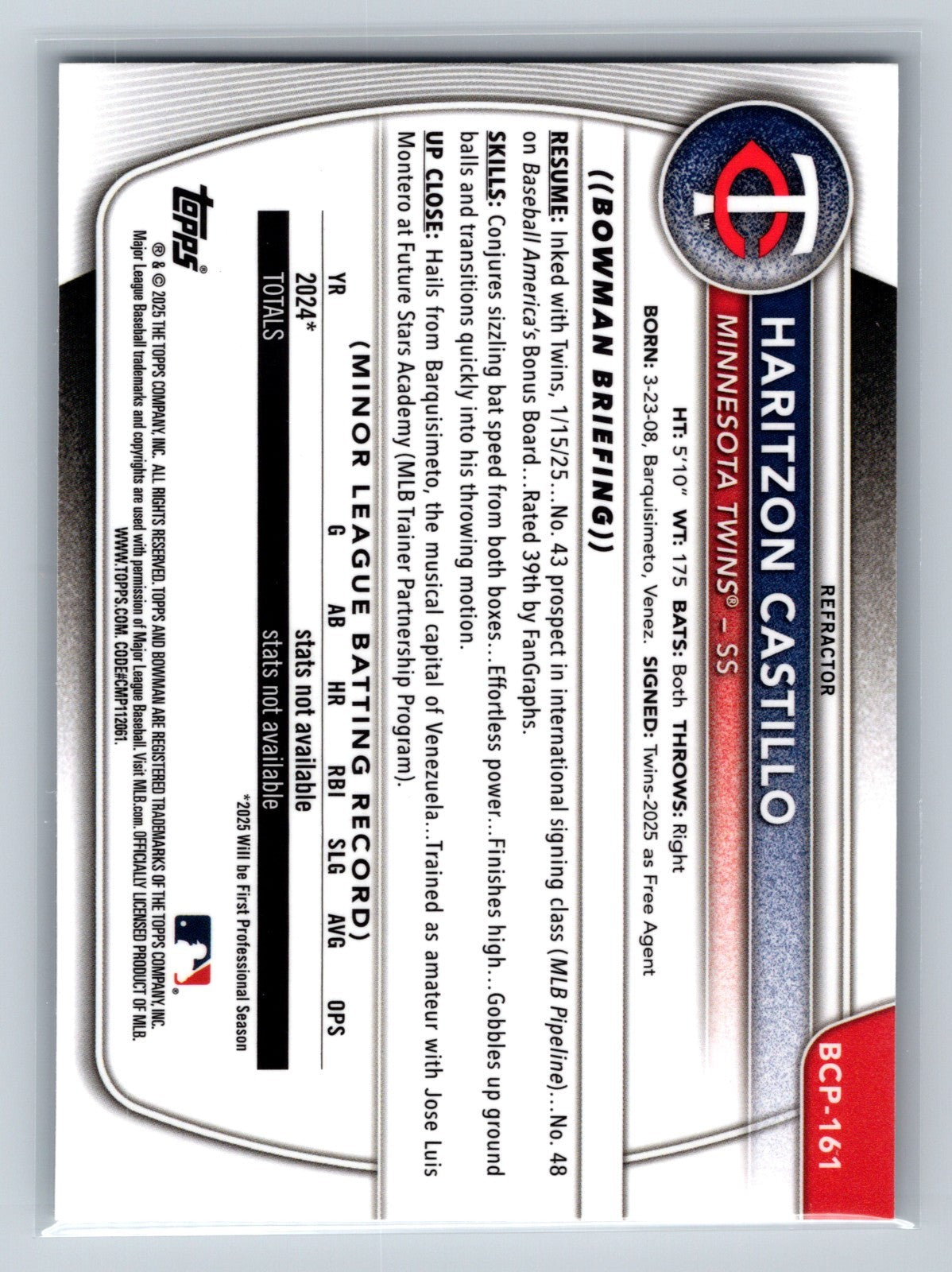 Haritzon Castillo 2025 Bowman Chrome 1st Refractor /499 #BCP-161 Twins