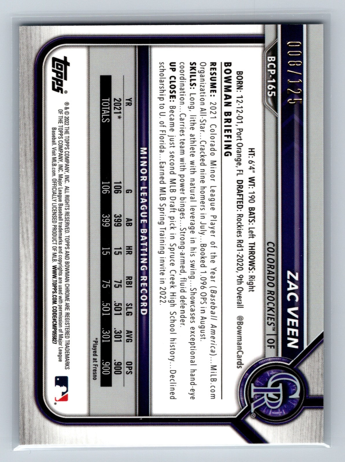 Zac Veen 2022 Bowman Chrome Prospects Aqua & Pink Vapor Refractor /125 #BCP-165