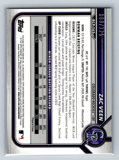Zac Veen 2022 Bowman Chrome Prospects Aqua & Pink Vapor Refractor /125 #BCP-165
