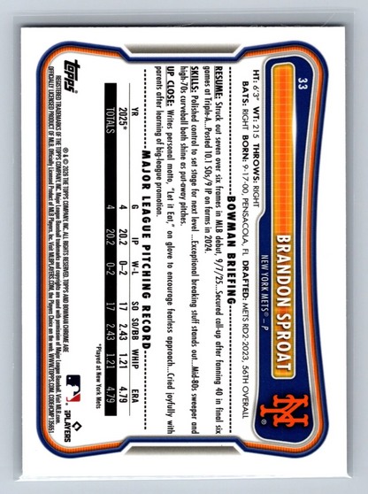 Brandon Sproat 2026 Bowman Chrome Burgundy Mojo Refractor RC /275 #33 Mets
