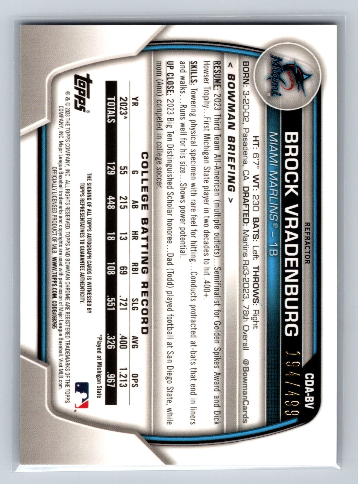 Brock Vradenburg 2023 Bowman Draft Chrome 1st Refractor Auto /499 #CDA-BV