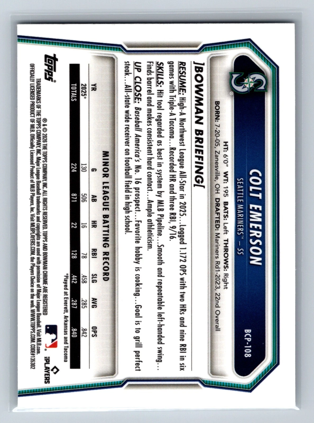 Colt Emerson 2026 Bowman Chrome Prospects Lava Refractor /399 #BCP-108 Mariners
