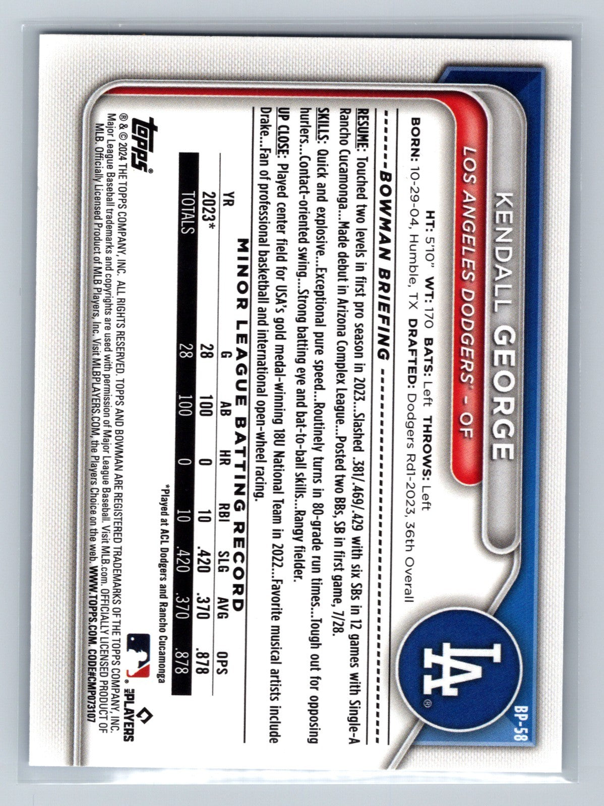 Kendall George 2024 Bowman Prospect Paper Blue Pattern /125 #BP-58 Dodgers
