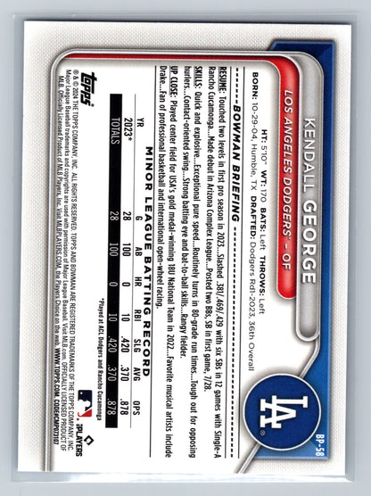 Kendall George 2024 Bowman Prospect Paper Blue Pattern /125 #BP-58 Dodgers