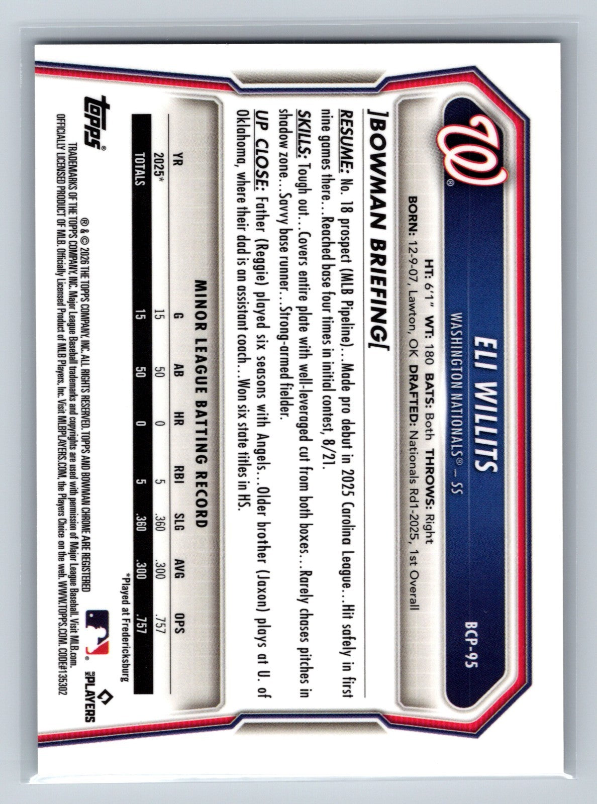 Eli Willits 2026 Bowman Chrome LogoFractor /35 #BCP-95 Nationals
