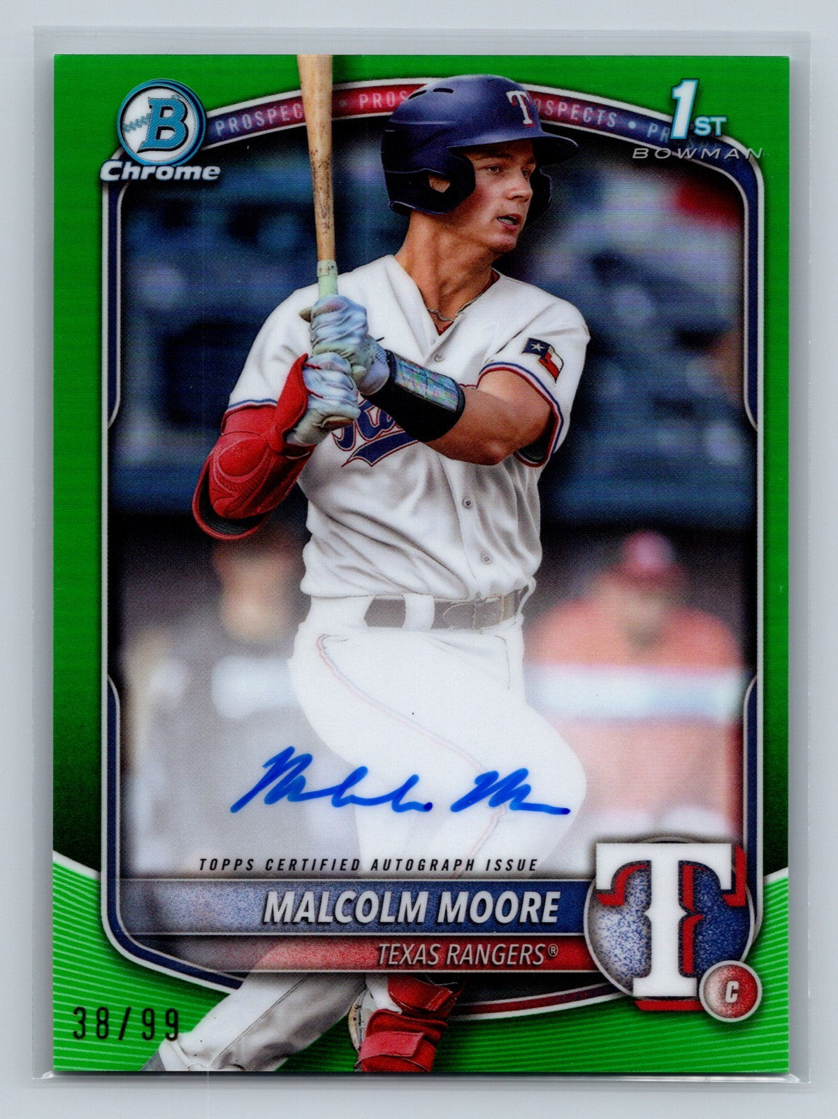 Malcolm Moore 2025 Bowman Chrome 1st Green Refractor Auto /99 #CPA-MMO Rangers