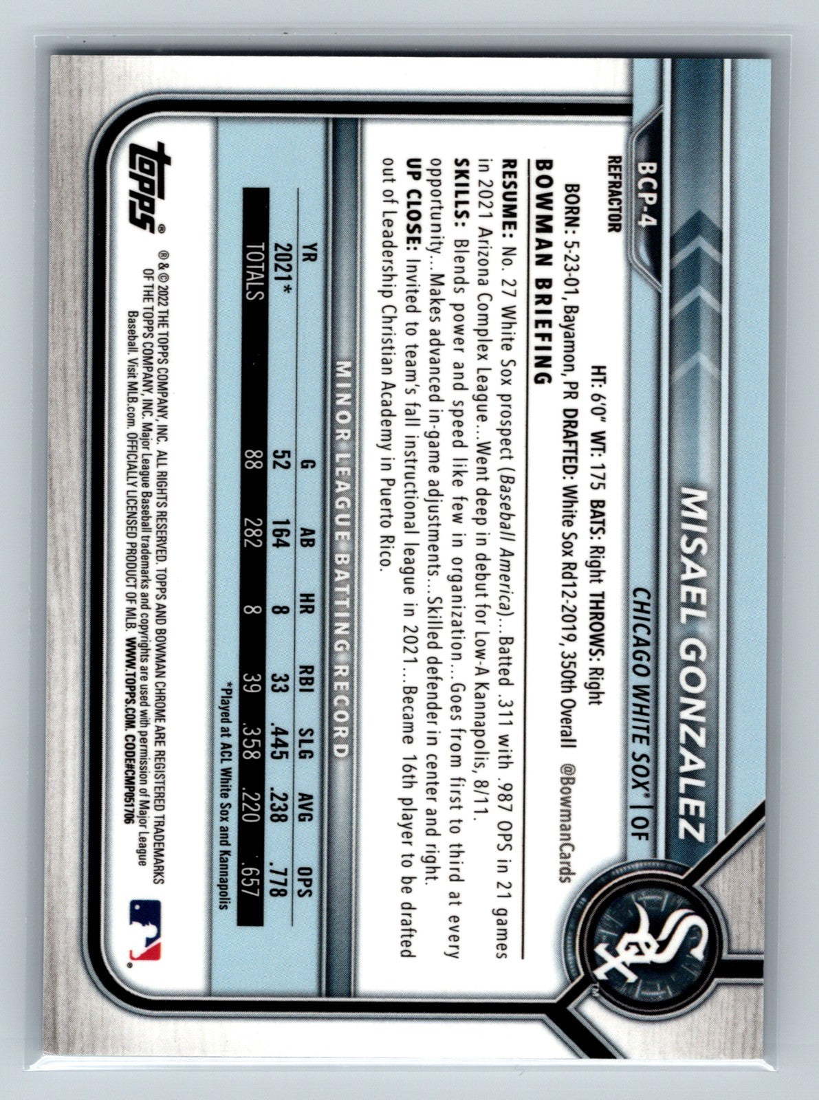 Misael Gonzalez 2022 Bowman Chrome 1st Refractor /499 #BCP-4 White Sox