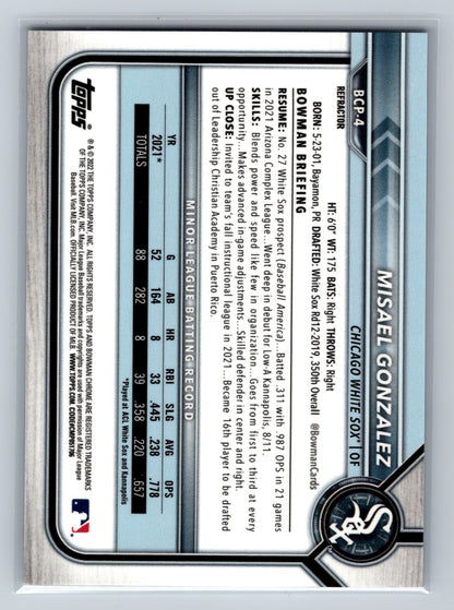 Misael Gonzalez 2022 Bowman Chrome 1st Refractor /499 #BCP-4 White Sox