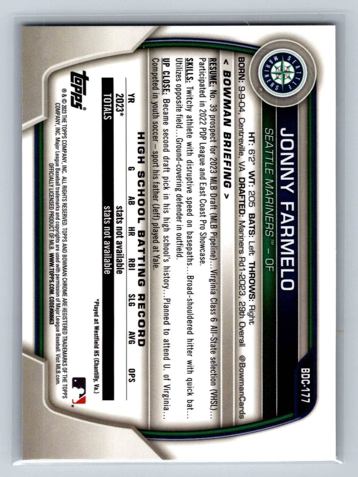 Jonny Farmelo 2023 Bowman Draft Chrome 1st Aqua Lunar Refractor /125 #BDC-177