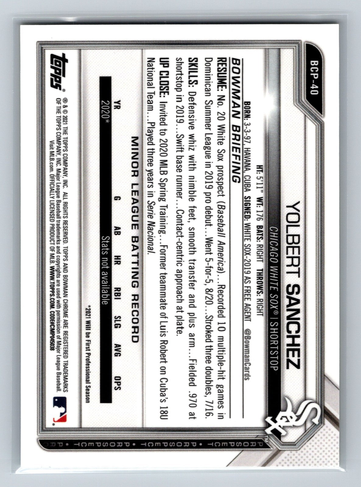 Yolbert Sanchez 2021 Bowman Chrome 1st Sapphire Yellow Refractor /50 #BCP-40