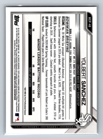 Yolbert Sanchez 2021 Bowman Chrome 1st Sapphire Yellow Refractor /50 #BCP-40