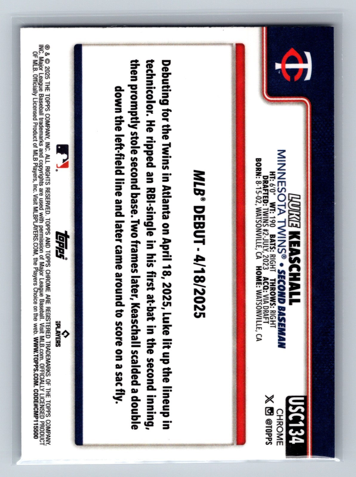 Luke Keaschall 2025 Topps Chrome Purple RayWave Refractor RC /250 #USC-134 Twins