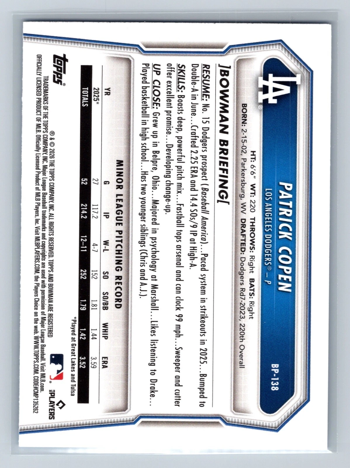 Patrick Copen 2026 Bowman 1st Paper Sky Blue /499 #BP-138 Dodgers