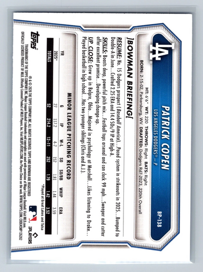 Patrick Copen 2026 Bowman 1st Paper Sky Blue /499 #BP-138 Dodgers