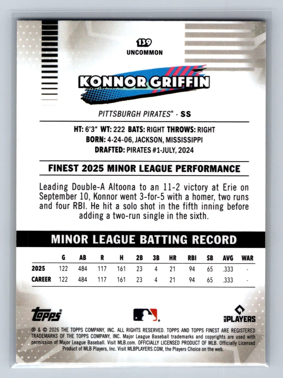 Konnor Griffin 2026 Topps Finest Uncommon Yellow Refractor RC /275 #139 Pirates