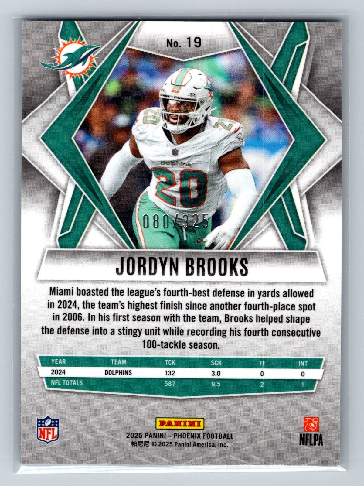 Jordyn Brooks 2025 Panini Phoenix Light Blue Lava /325 #19 Dolphins