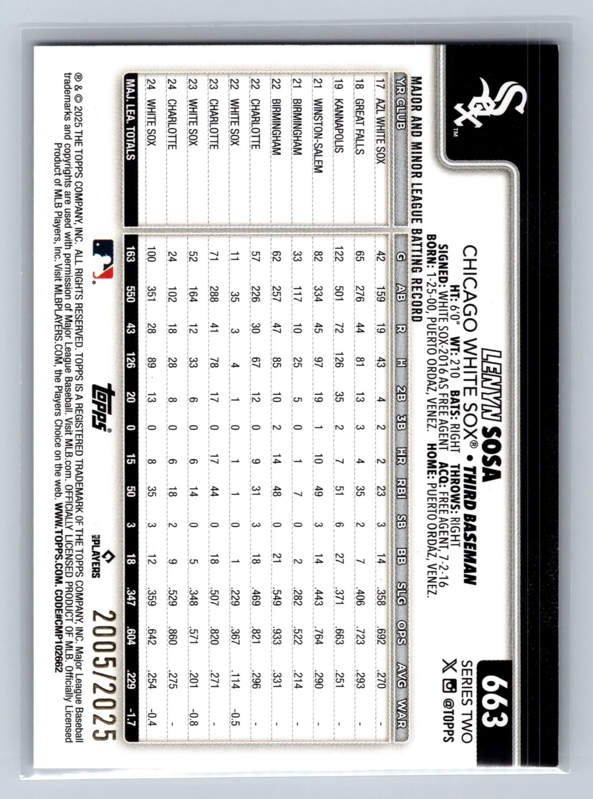 Lenyn Sosa 2025 Topps Series 2 Gold /2025 #663 White Sox
