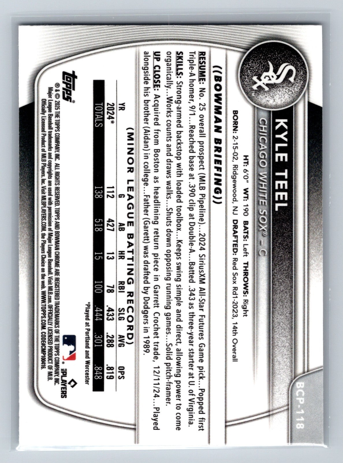 Kyle Teel 2025 Bowman Chrome Prospects Lava Refractor /399 #BCP-118 White Sox